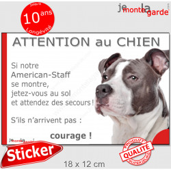 Amstaff gris bleu, sticker humour"Jetez Vous au Sol, Attention au Chien" 18 cm JET