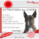 Bull Terrier bringé, plaque portail humour "Attention au Chien, Jetez Vous au Sol, secours, courage" photo drôle pancarte