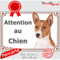 Basenji fauve et blanc, plaque portail "Attention au Chien" pancarte panneau photo