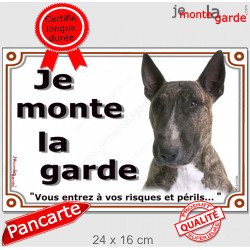 Bull Terrier bringé, plaque portail "Je Monte la Garde" 24 cm LUX