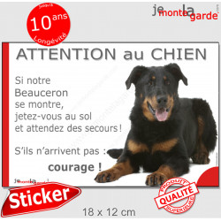 Beauceron noir et feu, sticker humour"Attention au Chien, Jetez Vous au Sol" 18 cm JET