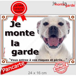 Bouledogue Américain tout blanc, plaque portail "Je Monte la Garde" 24 cm LUX