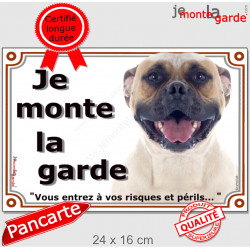 Bouledogue Américain fauve, plaque portail "Je Monte la Garde" 24 cm LUX