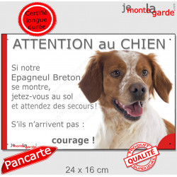 Epagneul Breton orange et blanc, plaque portail humour "Attention au Chien, Jetez Vous au Sol, courage" panneau pancarte photo