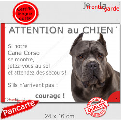 Cane Corso gris, plaque portail humour "Attention au Chien, Jetez Vous au Sol" 24 cm JET