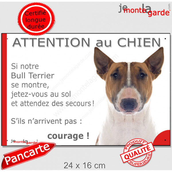 Bull Terrier fauve et blanc, plaque portail humour "Attention au Chien, Jetez Vous au Sol, secours, courage" photo drôle