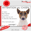 Bull Terrier fauve, plaque portail humour "Attention au Chien, Jetez Vous au Sol" 24 cm JET