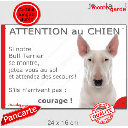 Bull Terrier entièrement blanc, plaque portail humour "Attention au Chien, Jetez Vous au Sol, secours, courage" photo drôle