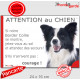 Border Collie noir et blanc poils longs, plaque portail humour "Attention au Chien, Jetez Vous au Sol" pancarte photo