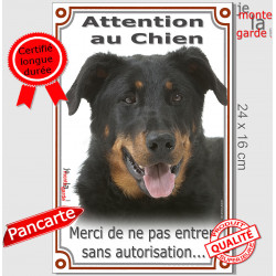 Beauceron noir et feu, plaque portail verticale "Attention au Chien, interdit sans autorisation" pancarte Berger de Beauce photo