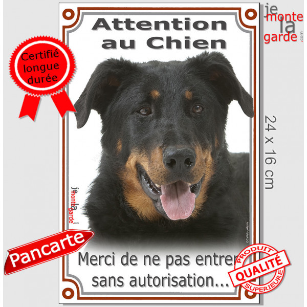 Beauceron noir et feu, plaque portail verticale "Attention au Chien, interdit sans autorisation" pancarte Berger de Beauce photo