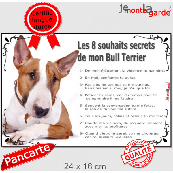 Bull Terrier fauve, plaque photo "Les 8 Souhaits Secrets" idée cadeau règles maison commandements