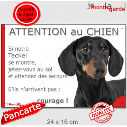 Teckel poils ras, plaque portail humour "Attention au Chien, Jetez Vous au Sol" 24 cm