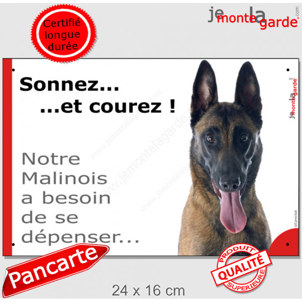 Pancarte portail Attention au Chien humour "Sonnez et courez, notre Malinois a besoin de se dépenser" Berger Belge plaque photo