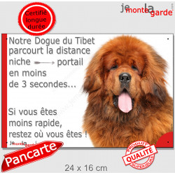 Dogue du Tibet fauve rouge, plaque humour "parcourt distance Niche-Portail moins 3 secondes, rapide" pancarte photo attention 