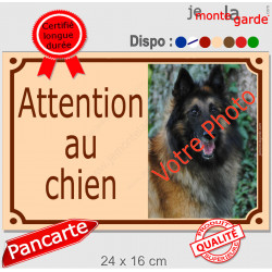 Photo personnalisable, plaque portail beige "Attention au Chien" look plaque de rue 24 cm