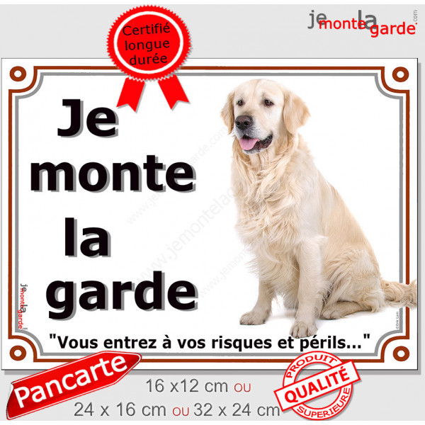 Golden Retriever Assis, Plaque portail "je monte la garde, risques et périls" affiche pancarte photo attention au chien