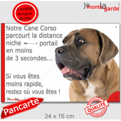 Cane Corso fauve, plaque humour "distance Niche - Portail 3 secondes" 24 cm