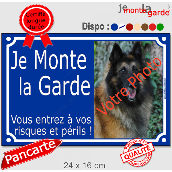 Photo personnalisable, plaque portail bleue marine "Je Monte la Garde, risques périls" look plaque de rue 24 cm