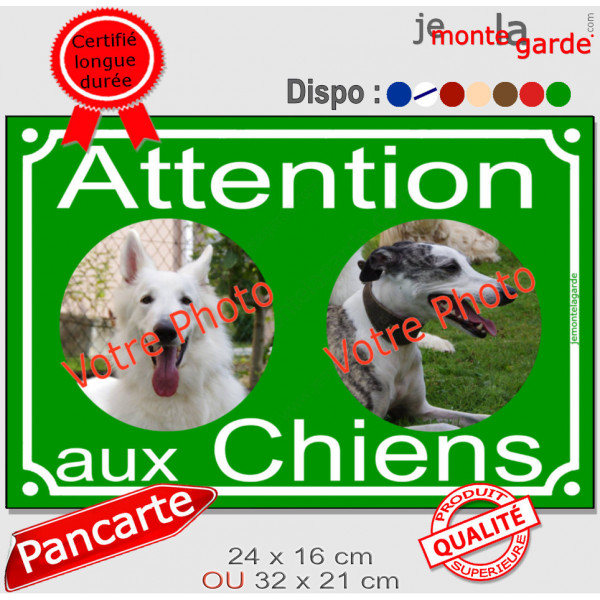 Photo personnalisable, plaque pluriel portail vert vif "Attention aux Chiens" look plaque de rue