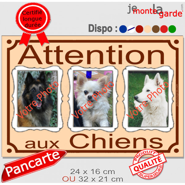 3 Photos personnalisables, plaque pluriel beige sable "Attention aux Chiens" look plaque de rue