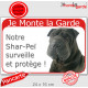 Shar-Peï noir, plaque portail rouge "Je Monte la Garde, surveille protège" pancarte panneau attention au chien photo sharpei