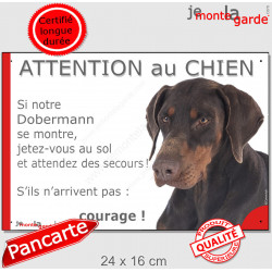 Dobermann marron, plaque portail humour "Attention au Chien, Jetez Vous au Sol" 24 cm JET