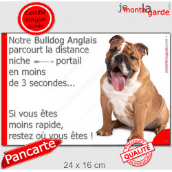 Bulldog Anglais fauve, plaque humour "distance Niche-Portail 3 secondes" 24 cm 3SEC