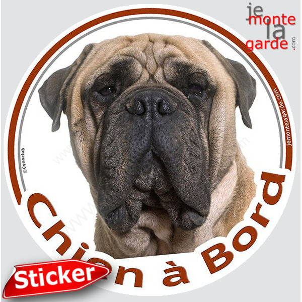 Bullmastiff fauve clair, sticker autocollant rond "Chien à Bord" Disque photo adhésif vitre voiture, sable beige