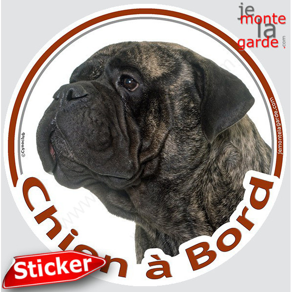 Bullmastiff bringé Tête, sticker autocollant rond "Chien à Bord" Disque photo adhésif vitre voiture bringué