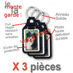 Photo Personnalisable, Lot de 3 Porte-Clefs cuir vegan noir