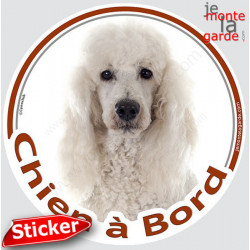 Caniche Blanc, sticker autocollant rond "Chien à Bord" Disque photo adhésif vitre voiture