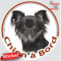 Chihuahua noir poils longs, sticker voiture rond "Chien à Bord" 15 cm 3a