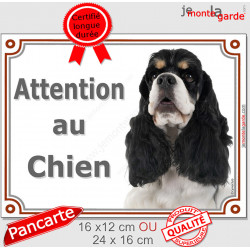 Cocker Américain tricolore, plaque portail "Attention au Chien" pancarte entrée, panneau photo race Cockers USA US