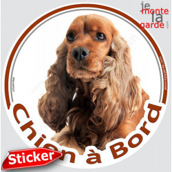 Cocker Anglais Golden roux marron, sticker autocollant rond "Chien à Bord" Disque photo adhésif vitre voiture