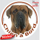 Dogue de Bordeaux face noire, sticker autocollant rond "Chien à Bord" disque photo face masque noire, adhésif voiture