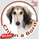 Lévrier Saluki fauve et blanc, sticker autocollant rond "Chien à Bord" Disque photo adhésif vitre voiture