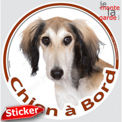 Lévrier Saluki fauve et blanc, sticker autocollant rond "Chien à Bord" Disque photo adhésif vitre voiture