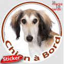 Lévrier Saluki fauve, sticker voiture rond "Chien à Bord" 15 cm - 3a