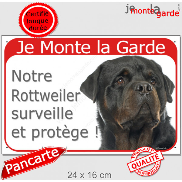 Rottweiler Tête, Plaque Portail rouge "Je Monte la Garde, surveille protège" pancarte, panneau photo attention au chien Rott