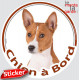 Basenji fauve et blanc Tête, sticker autocollant rond "Chien à Bord" Disque photo adhésif vitre voiture