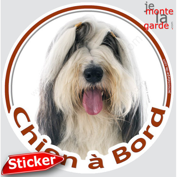 Bearded Collie Blanc et Noir Tête, sticker autocollant rond "Chien à Bord" Disque photo adhésif voiture