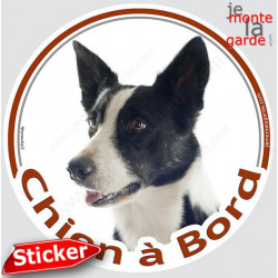 Border Collie noir et blanc poils courts, sticker rond "Chien à Bord" 15 cm voiture