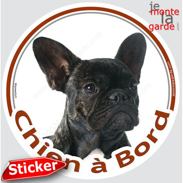 Bouledogue Français noir bringé Tête, sticker autocollant rond "Chien à Bord" Disque adhésif vitre voiture Bulldog auto photo