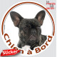 Bouledogue Français noir bringé, sticker autocollant rond "Chien à Bord" Disque photo adhésif vitre voiture Bulldog auto