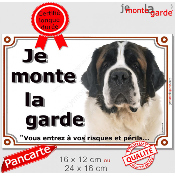 Plaque portail, photo St-Bernard "Je Monte la Garde risques périls" pancarte Attention au Chien panneau Saint