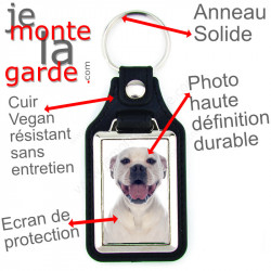 Porte-clés en cuir vegan et support en métal, avec la photo de votre Bouledogue Américain tout blanc, idée cadeau Boulam