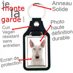 Porte-clés en cuir vegan et support en métal, avec la photo de votre Bull Terrier entièrement blanc, idée cadeau clef