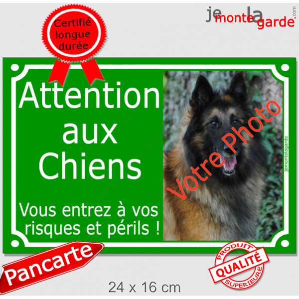 Photo personnalisable, plaque portail vert "Attention au Chien, risques périls" look plaque de rue 24 cm