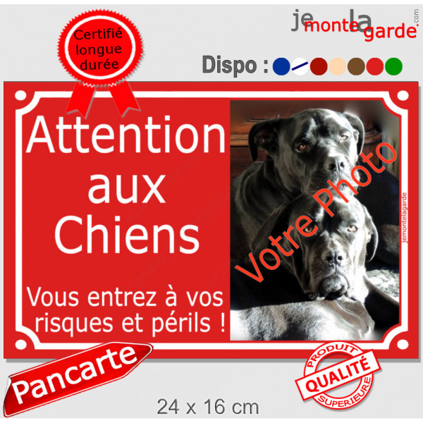 Photo personnalisable, plaque pluriel portail Rouge "Attention aux Chiens, risques périls" look plaque de rue 24 cm